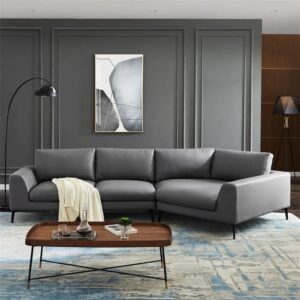 FANCUF Leather Corner Sectional Sofa with Metal Legs, Huge Corner Wedge Design, English Arm Sofa for Living Room, Grey