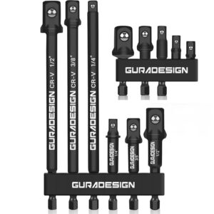 guradesign 11-piece impact socket adapter set for drill, 3-inch and 6-inch hex shank impact driver socket adapter, socket to drill adapter 1/4" 3/8" 1/2" impact driver adapter