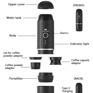 Portable Espresso Coffee Maker Electric Expresso Maker Self Heating Battery Powered, 19 Bar Pressure, Coffee Machine with Ground Coffee & NS Capsule for Travel, Camping, RV, Hiking, Office (Black)