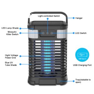 Solar Bug Zapper Outdoor Waterproof, Mosquito Zapper 2 in 1 Portable & Rechargeable Pest Control with 4000mAh Battery & LED Night Light, 4200V Electric Fly Zapper for Home, Patio, Backyard (Black)