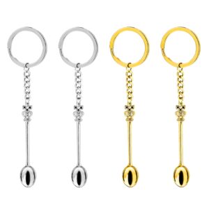 prasacco 4 pieces mini crown spoon keychain, mini spoon teaspoon with keyring pendant key ring teaspoon keyring crown teaspoon mini spoon for filling vials with salts, sand, glitter (gold+silver)