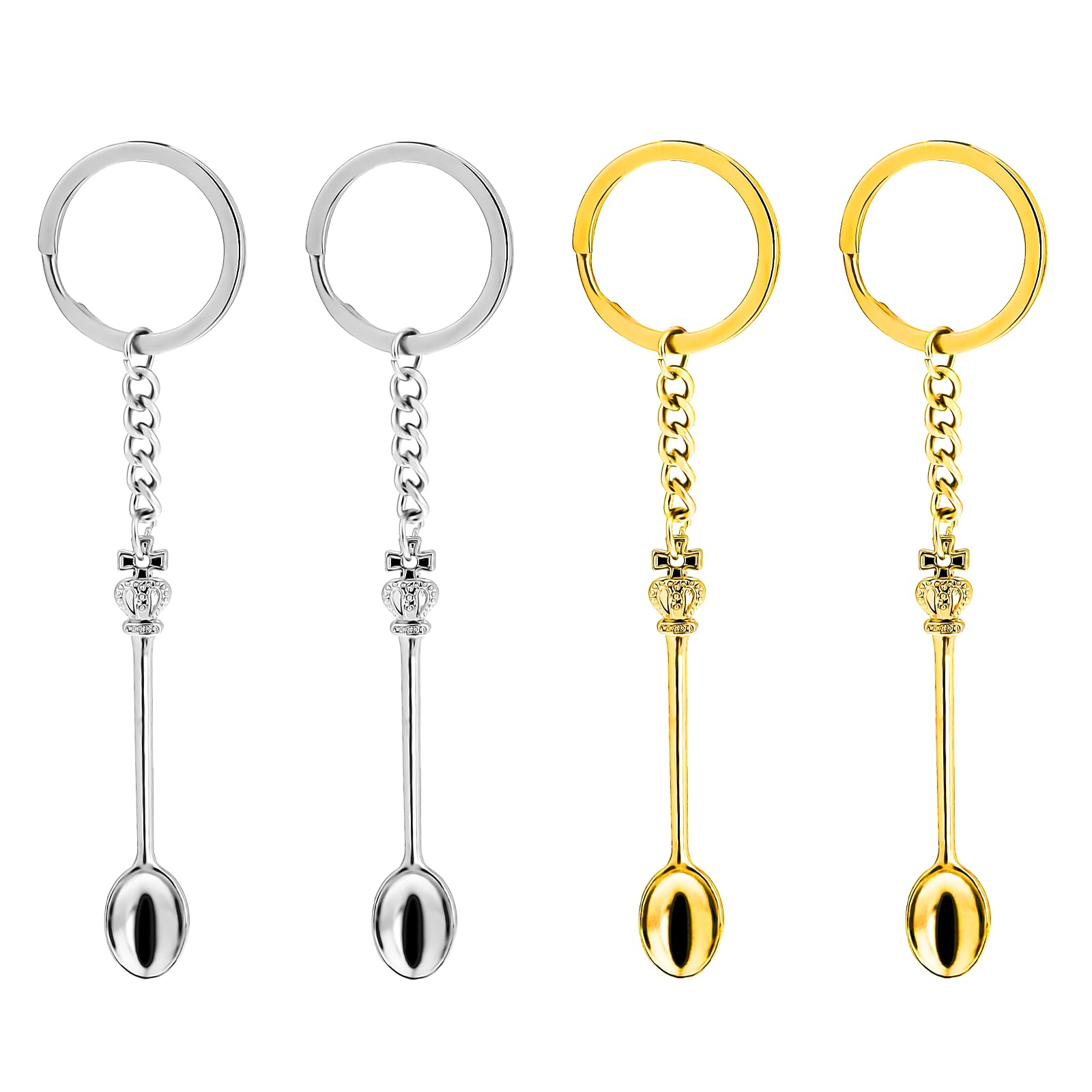 Prasacco 4 Pieces Mini Crown Spoon Keychain, Mini Spoon Teaspoon with Keyring Pendant Key Ring Teaspoon Keyring Crown Teaspoon Mini Spoon for Filling Vials with Salts, Sand, Glitter (Gold+Silver)