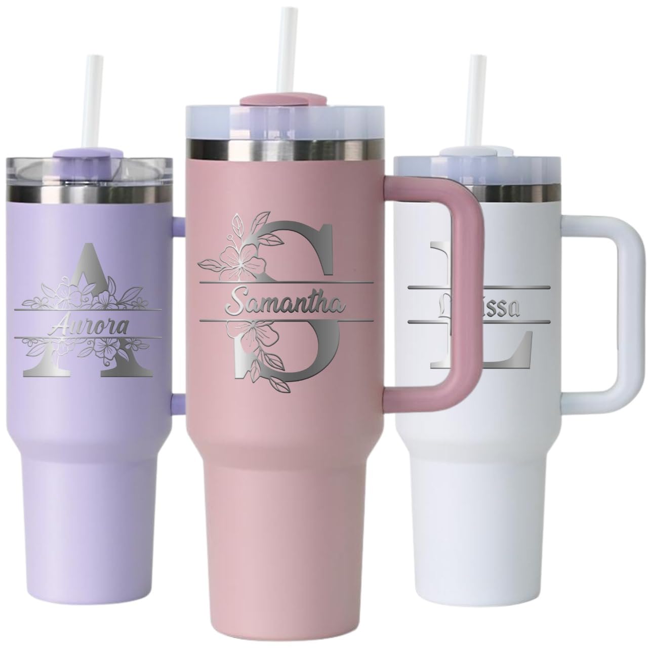 Customized Engraved Personalized 40oz Insulated Tumbler Cup Mug with Handle and Straw, Custom Name Text Logo Laser Engraving Birth Flower Monogram Gift (Initial Monogram with Custom Text)