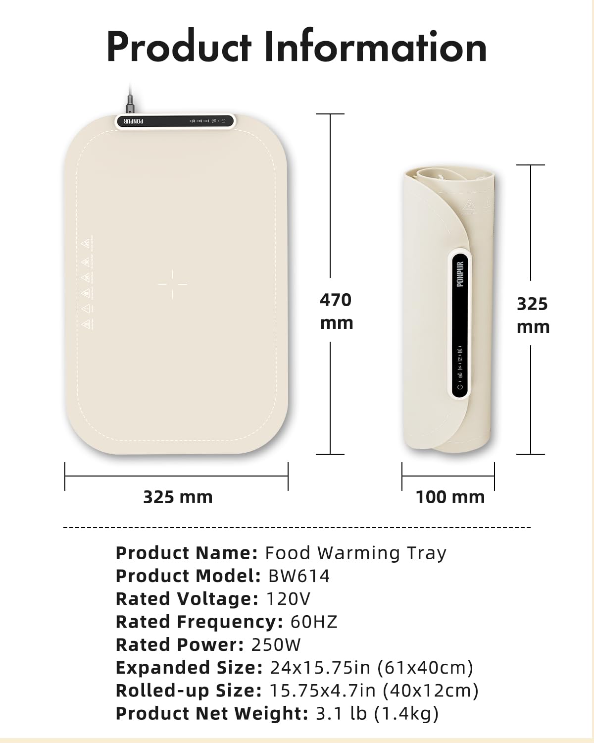 Electric Warming Mat for Food, 3 Adjustable Temperature - PONPUR Silicone Food Warmer Tray for Parties, Full Surface Heating, Auto Power Off, Foldable Hot Plate for Gatherings, Buffet, Family Meals