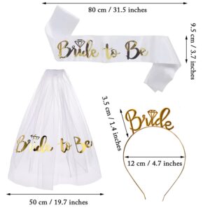 Chewarelly 3 Pack Bride to Be Decorations Set, Bride to Be Sash, White Bride Veil, Bride Headband Tiara for Bachelorette Party Bridal Shower Decoration(White with Gold)