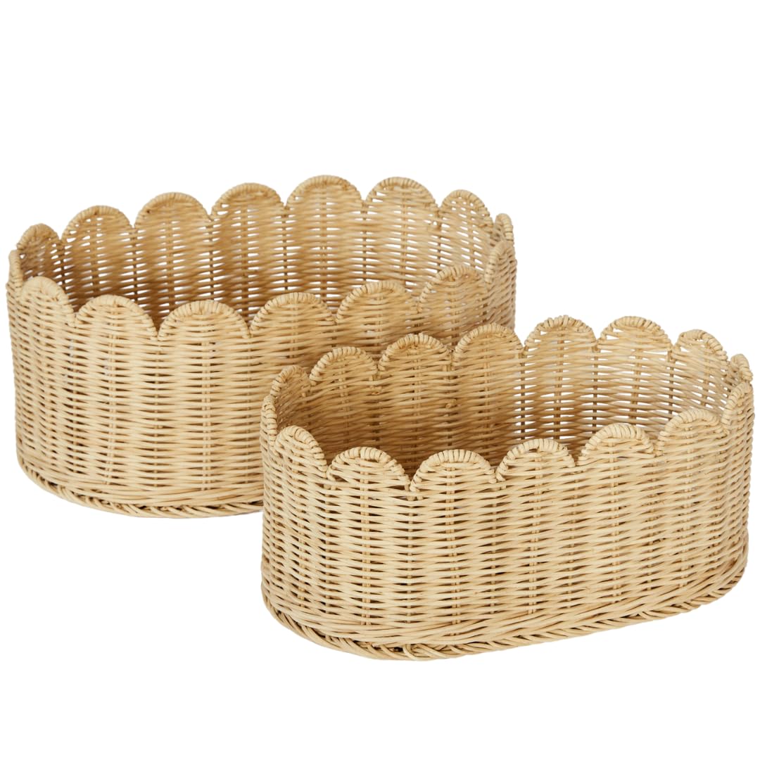 BEBE BASK Scalloped Basket Set Of 2 - Hand Woven Scallop Basket - 16 x 10 x 7 In - Scalloped Wicker Basket - Scalloped Edge Basket - Scalloped Storage Basket (Natural)