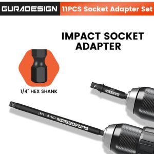 GURADESIGN 11-Piece Impact Socket Adapter Set for Drill, 3-Inch and 6-Inch Hex Shank Impact Driver Socket Adapter, Socket to Drill Adapter 1/4" 3/8" 1/2" Impact Driver Adapter