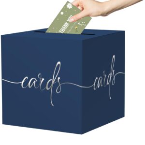 navy blue card box with silver foil design wedding card box gift cards receiving box for party graduation bridal or baby showers, raffle ticket box money box for birthday retirements anniversaries