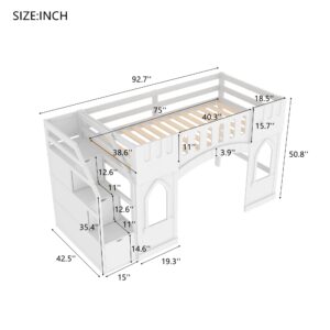 Linique Twin Size Loft Bed with Storage Staircase and 2 Window,Castle Playful Design Twin Loft Bed Frame with Space for Fun,White