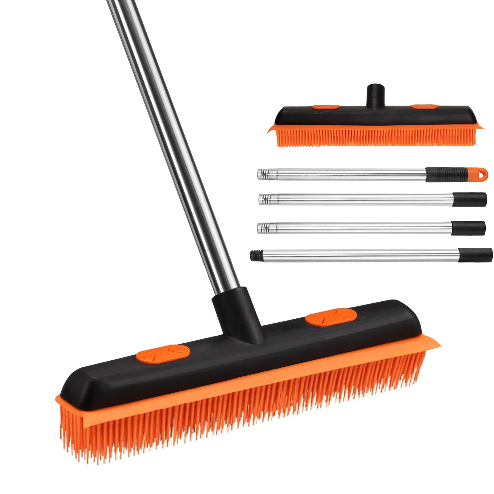 2 in 1 Rubber Broom with 33-64" Long Handle，Fur Remover Broom with 33-64" Long Handle, Pet Hair Broom with Squeegee for Carpet, Hardwood Floor, Tile- Black Orange