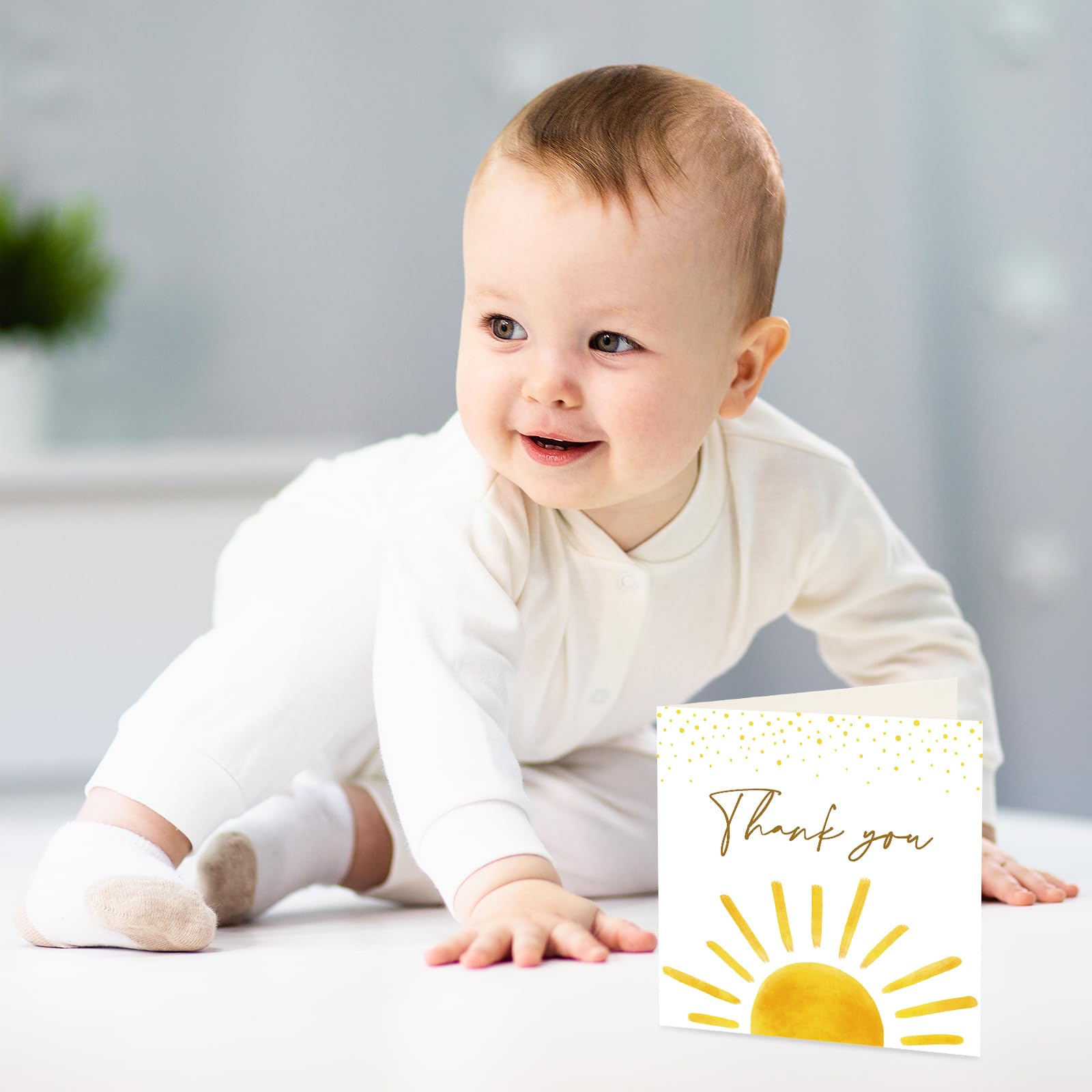 Whaline 30 Pack Mini Baby Shower Thank You Cards with Envelopes Stickers Boho Sun Greeting Cards Sunshine Blank Note Cards for Baby Shower Birthday Wedding Party Supplies, 3.5 x 3.5 Inch