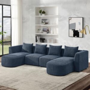 FANCUF U Shape Sofa,Sectional Sofa Including 2 Single Seats & 2 Chaises, Modular Sofa,Loop Yarn Fabric Living Room Sofa(E)