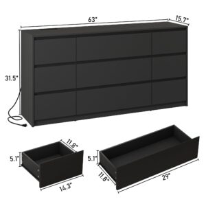 Black Dresser for Bedroom, 63 Inch Long 9 Drawers Dresser with Charging Station, Modern Large Wood Chest of Drawers Handle Free, Dresser for Bedroom, Living Room, Entryway, Hallway, Black