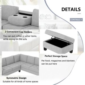 FANCUF Sectional Corner Sofa L-shape Couch Space Saving with Storage Ottoman Cup Holders Design for Large Space Dorm Apartment