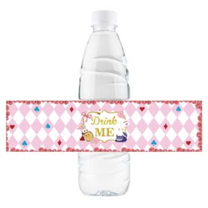 32 pcs alice in wonderland water bottle stickers, alice tea party water bottle labels, alice birthday bottle wrappers, bridal shower party decorations - pink