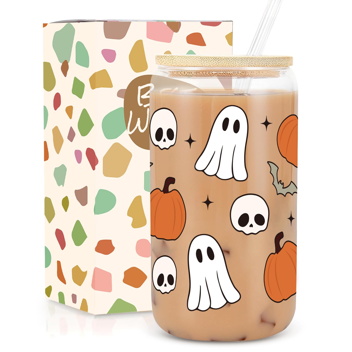 UAREHIBY Halloween Gifts for Women with Ghost,Pumpkins,bats,skulls,18 OZ Halloween Glass Cups with Lids and Straws,Halloween Coffee Cups Tumbler Ghost Mug