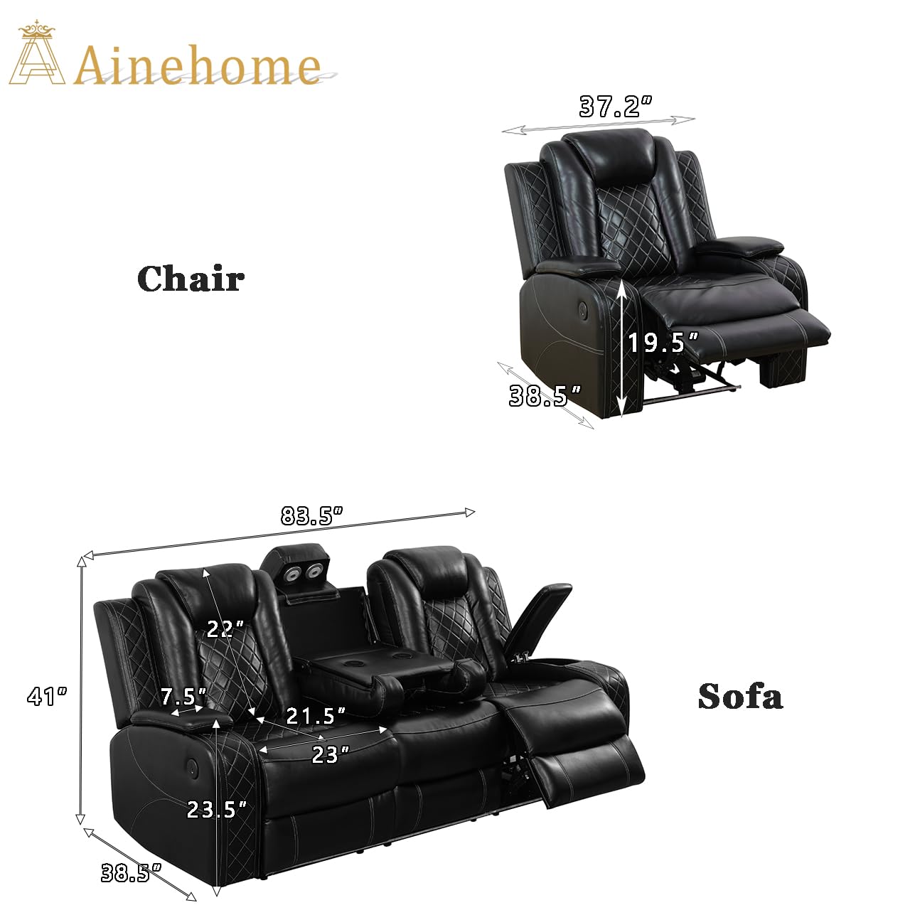 A Ainehome Living Room Furniture Power Recliner Set, Leather Sectional Sofa Set for Living Room, Home Theater, with LED Lights, Hide-Away Storage, Wireless Charging(B-Black,Sofa+Chair)