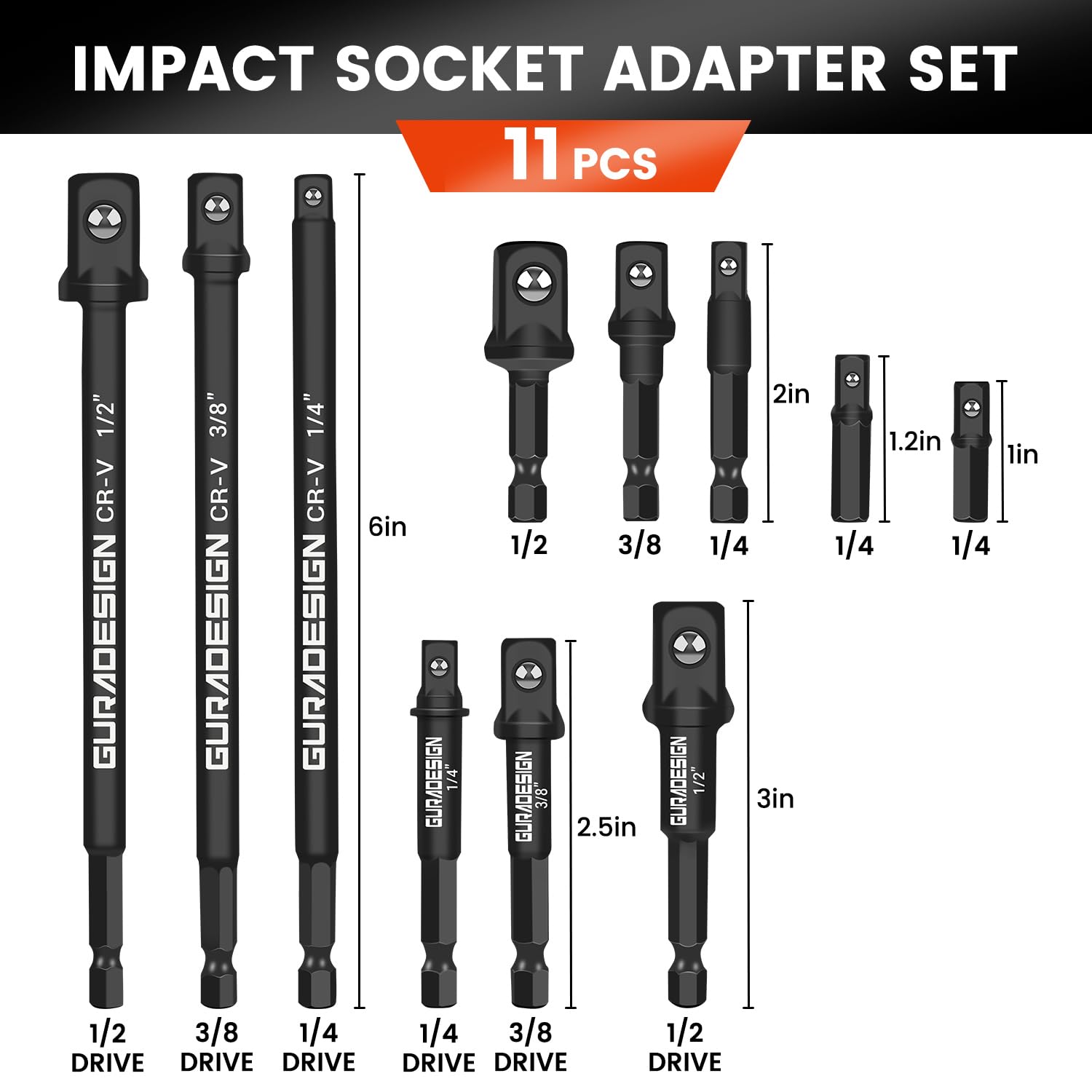 GURADESIGN 11-Piece Impact Socket Adapter Set for Drill, 3-Inch and 6-Inch Hex Shank Impact Driver Socket Adapter, Socket to Drill Adapter 1/4" 3/8" 1/2" Impact Driver Adapter