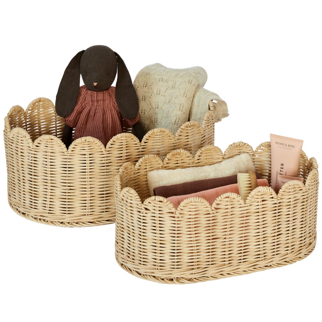 BEBE BASK Scalloped Basket Set Of 2 - Hand Woven Scallop Basket - 16 x 10 x 7 In - Scalloped Wicker Basket - Scalloped Edge Basket - Scalloped Storage Basket (Natural)