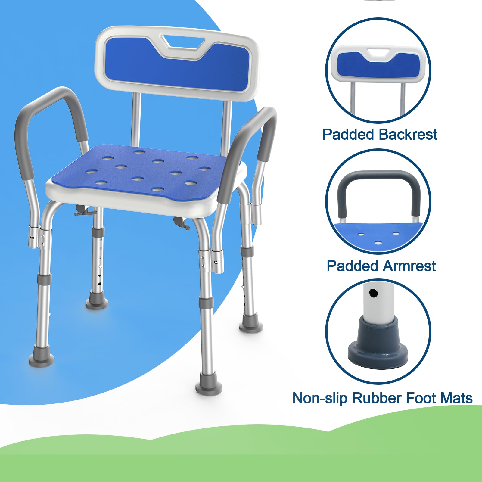 Loyoda Medical Shower Chair with Arms,Sturdy Aluminum Alloy Bath Chair,Slip Resistant Shower Bench,Height-Adjustable Shower Seat with Padded Handles for Elderly