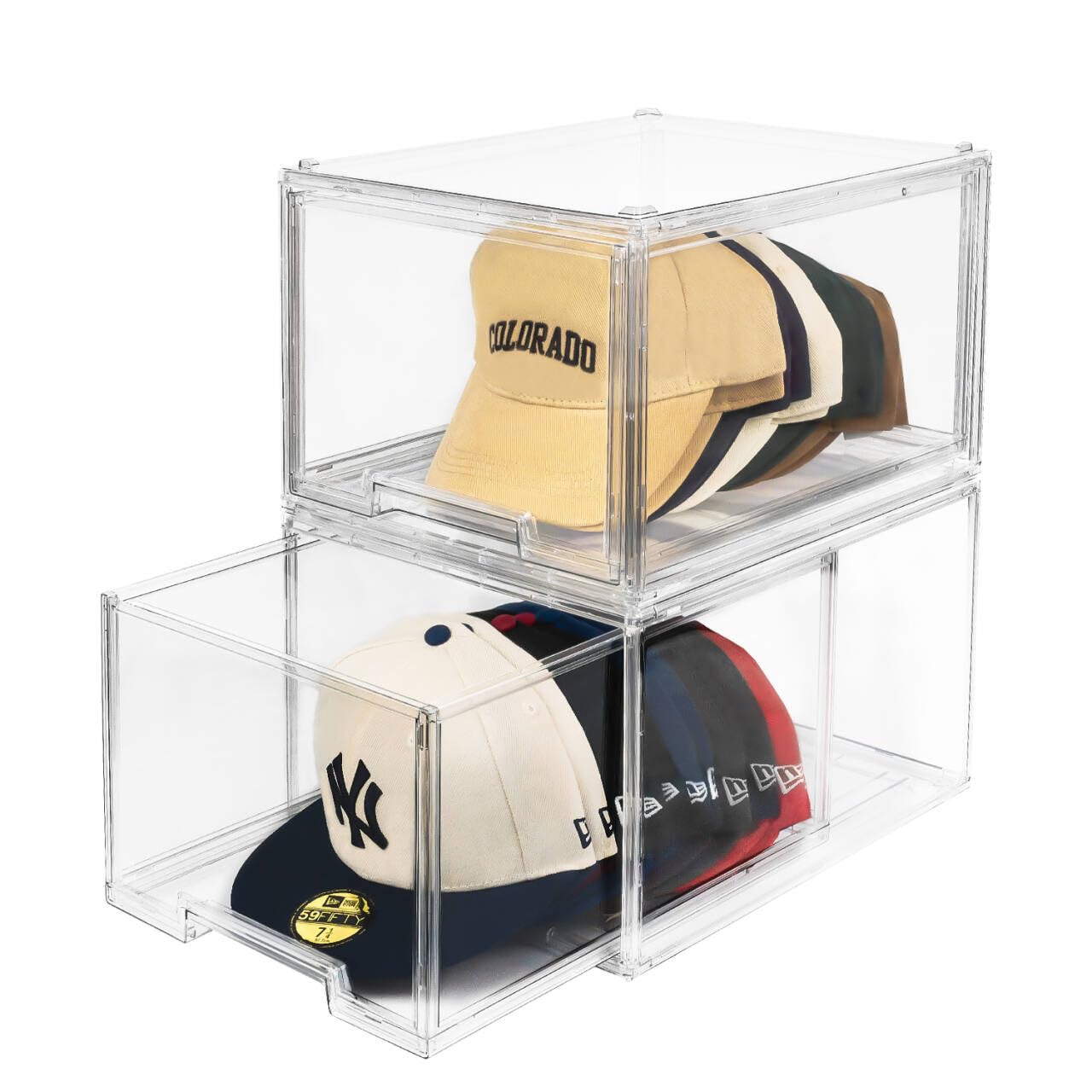 SCAVATA 2 Pack Hat Organizers, Stackable Clear Baseball Caps Holder Box Containers With Drawers for Hats Snapback Cap Storage, Hat Rack Display Case -Clear