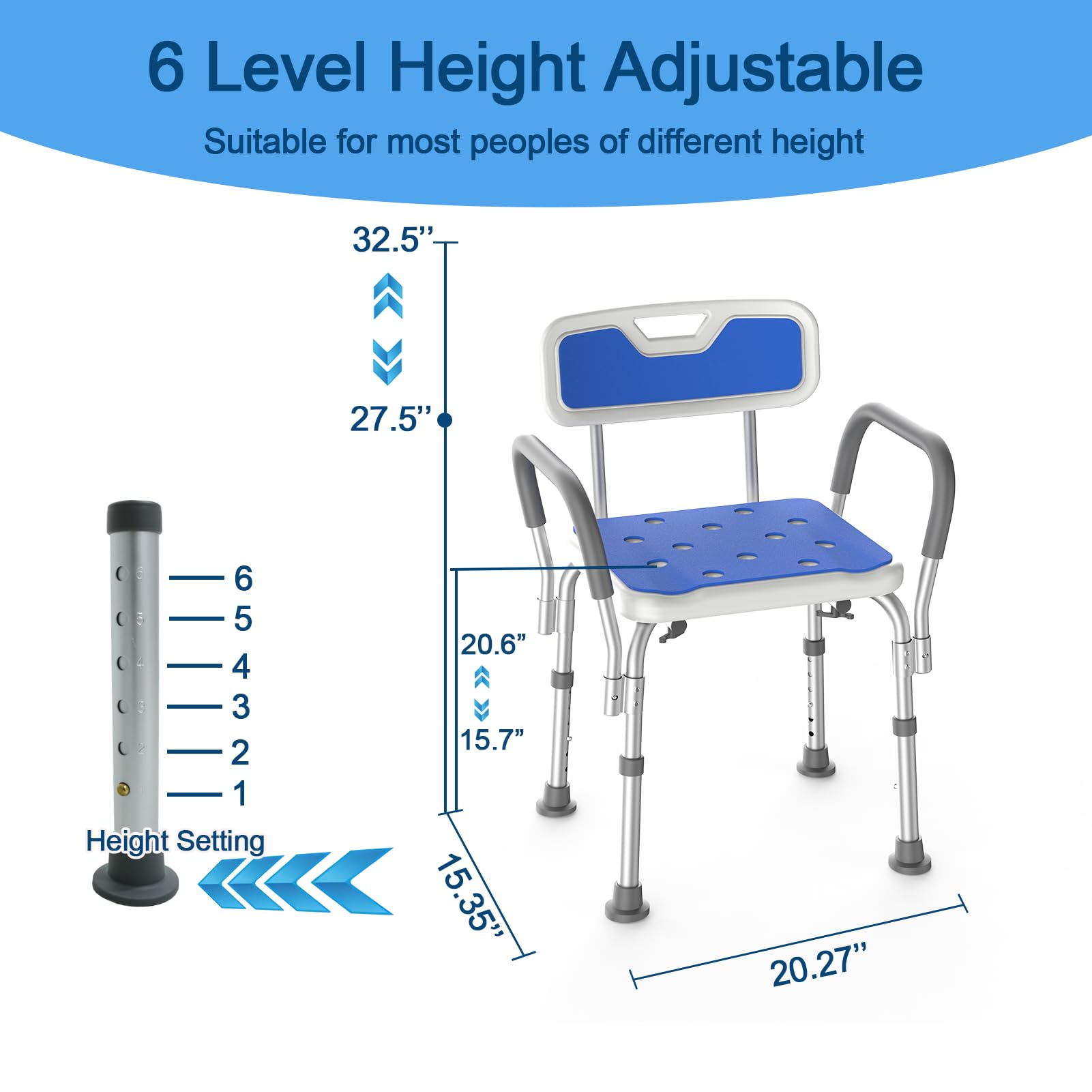 Loyoda Medical Shower Chair with Arms,Sturdy Aluminum Alloy Bath Chair,Slip Resistant Shower Bench,Height-Adjustable Shower Seat with Padded Handles for Elderly