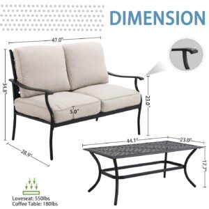 ARTLOFT Patio Loveseat with Coffee Table Outdoor Conversation Loveseat Porch Furniture Set Sofa for Balcony, Backyard, and Deck with Soft Cushions and Metal Table (White)