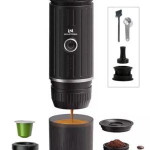 Portable Espresso Coffee Maker Electric Expresso Maker Self Heating Battery Powered, 19 Bar Pressure, Coffee Machine with Ground Coffee & NS Capsule for Travel, Camping, RV, Hiking, Office (Black)