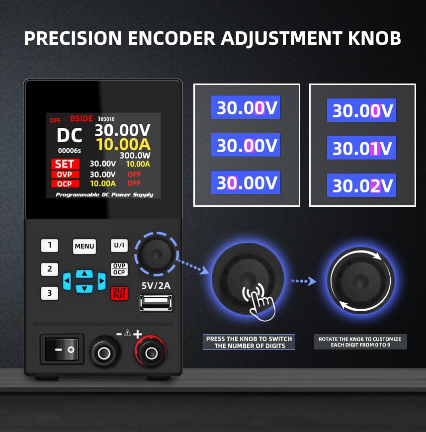BSIDE DC Power Supply Programmable 30V 10A Adjustable Switching Regulated Lab Power Supply Small Variable Bench Power Supply with Encoder and USB DC Output Power Supply