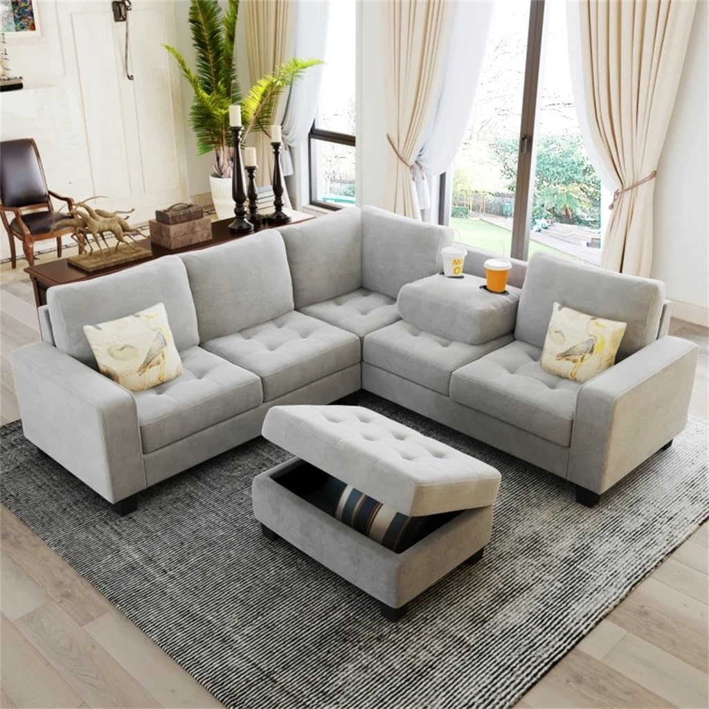 FANCUF Sectional Corner Sofa L-shape Couch Space Saving with Storage Ottoman Cup Holders Design for Large Space Dorm Apartment