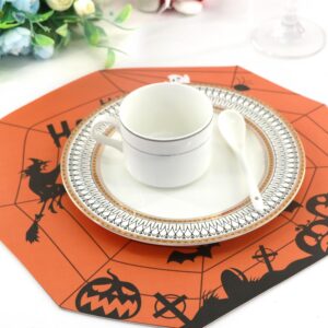 FemGe Halloween Placemats Set of 4 Ghost Bat Horror Orange Table Mats Round Faux Leather Thick Placemats Machine Washable Non-Slip Heat Resistant Place Mats for Kitchen Table Holiday Decor 14 Inch