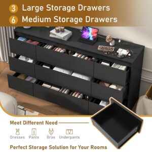 Black Dresser for Bedroom, 63 Inch Long 9 Drawers Dresser with Charging Station, Modern Large Wood Chest of Drawers Handle Free, Dresser for Bedroom, Living Room, Entryway, Hallway, Black