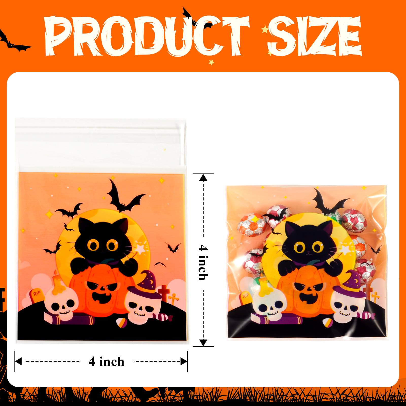 HiloPack 4"x4" Halloween Goodie Bags, 50Pcs Self Adhesive Cookie Bags Halloween Treat Bags Trick or Treat Cellophane Candy Bags for Halloween Party Favor Supplies (Party Bags)