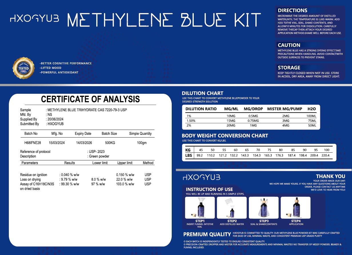 HXOGYUB Methylene Blue Powder Kit, 8 Gram, Third-Party Tested 99+%, USP Grade Compliant, Brain Health Dietary Supplement for Humans, No Formaldehyde, Including Measuring Cups and Funnel