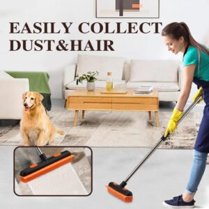 2 in 1 Rubber Broom with 33-64" Long Handle，Fur Remover Broom with 33-64" Long Handle, Pet Hair Broom with Squeegee for Carpet, Hardwood Floor, Tile- Black Orange