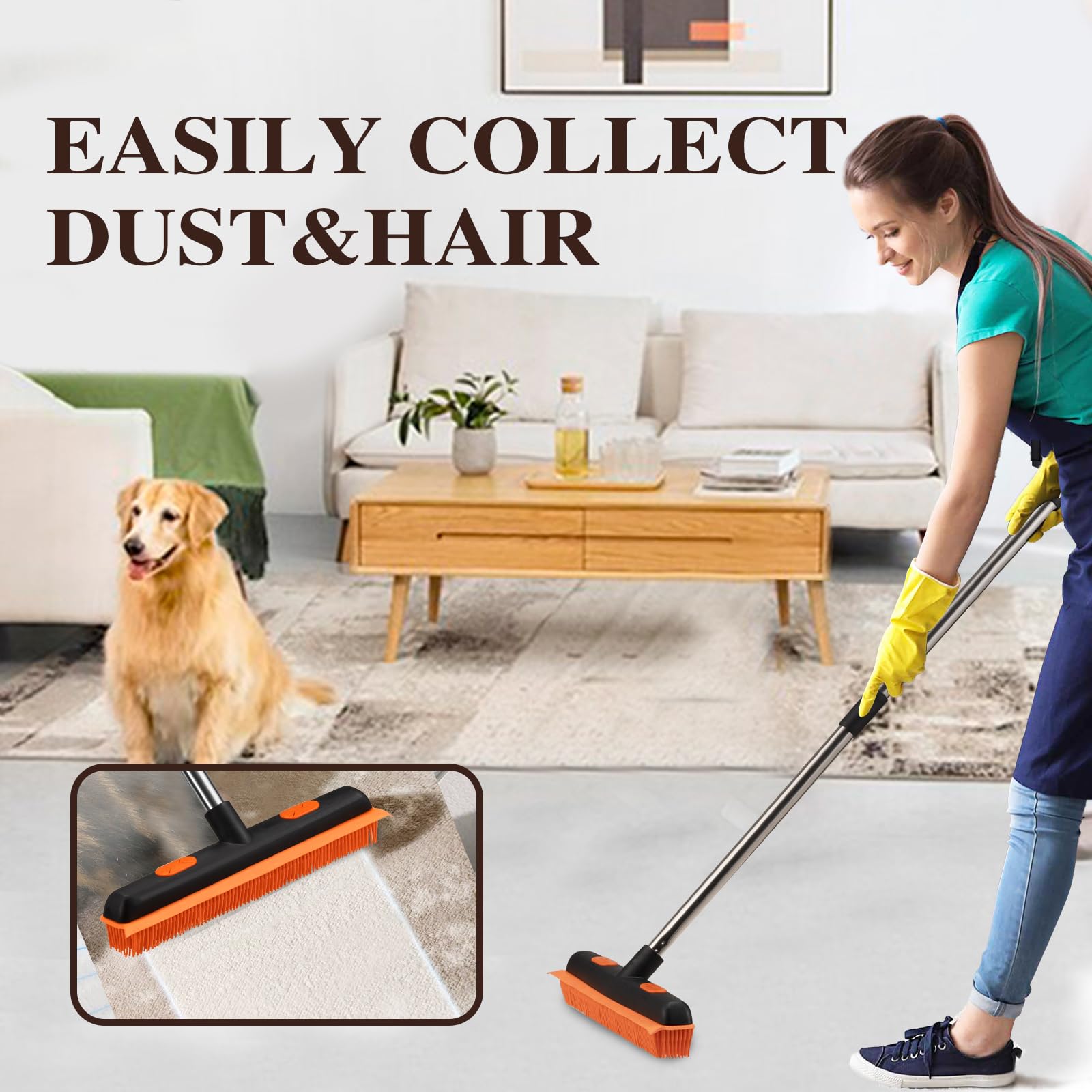 2 in 1 Rubber Broom with 33-64" Long Handle，Fur Remover Broom with 33-64" Long Handle, Pet Hair Broom with Squeegee for Carpet, Hardwood Floor, Tile- Black Orange