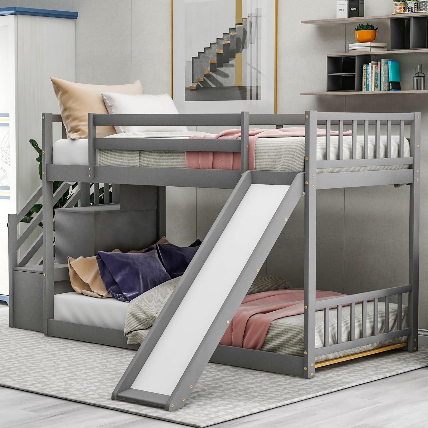 LostCat Low Bunk Beds,Twin Over Twin Bunk Bed with Convertible Slide and Stairway,Wood Bed Frame,Easy Assembly,No Box Spring Needed,Bunk Beds for Boys Girls and Adult(Grey)