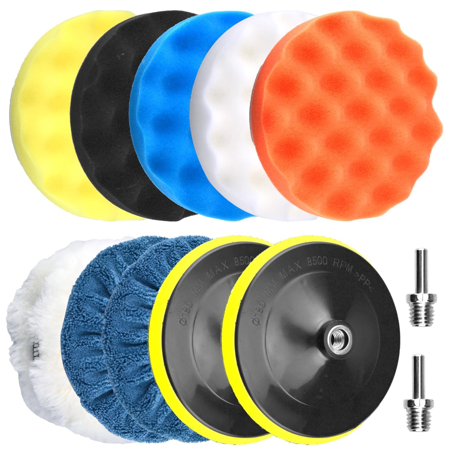 7 Inch Polishing Pads Kit for Drill, Car Buffer Polisher Attachment - Wool Buffing Pads with 5/8-11 Thread Backing Pads & 8mm Adapters for Polisher & Electric Drill Auto Body Repair and Waxing, 13PCS