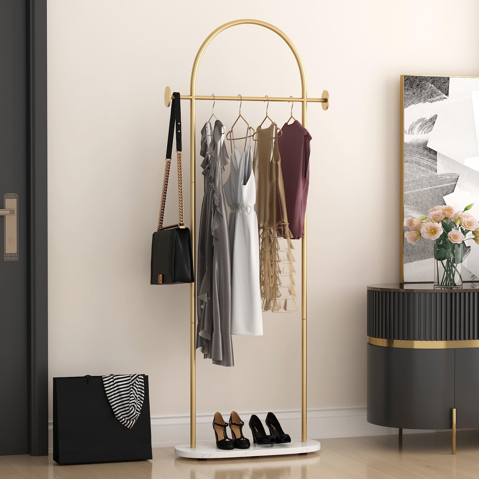 KADIGANG Gold Clothing Rack, Modern Clothes Rack with Shelf, Heavy Duty Freestanding Coat Rack, Metal Coat Hanger Stand with Hooks for Boutique Office