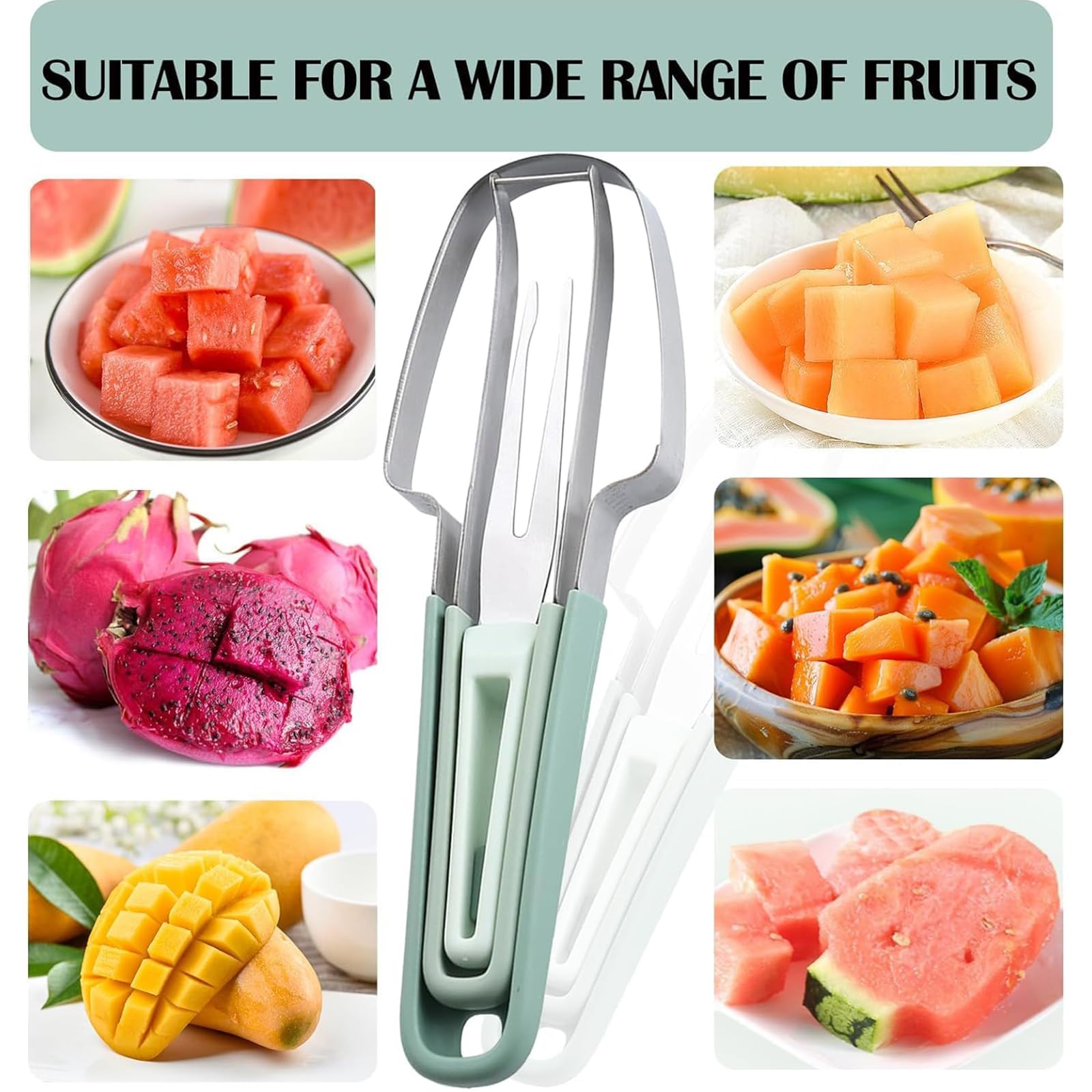 3-in-1 Watermelon Cutter Slicer Tool, Watermelon Stainless Steel Fork Slicer Set, Portability Multifunctional Handheld Fruit Fork for Home Camping Kitchen Gadgets