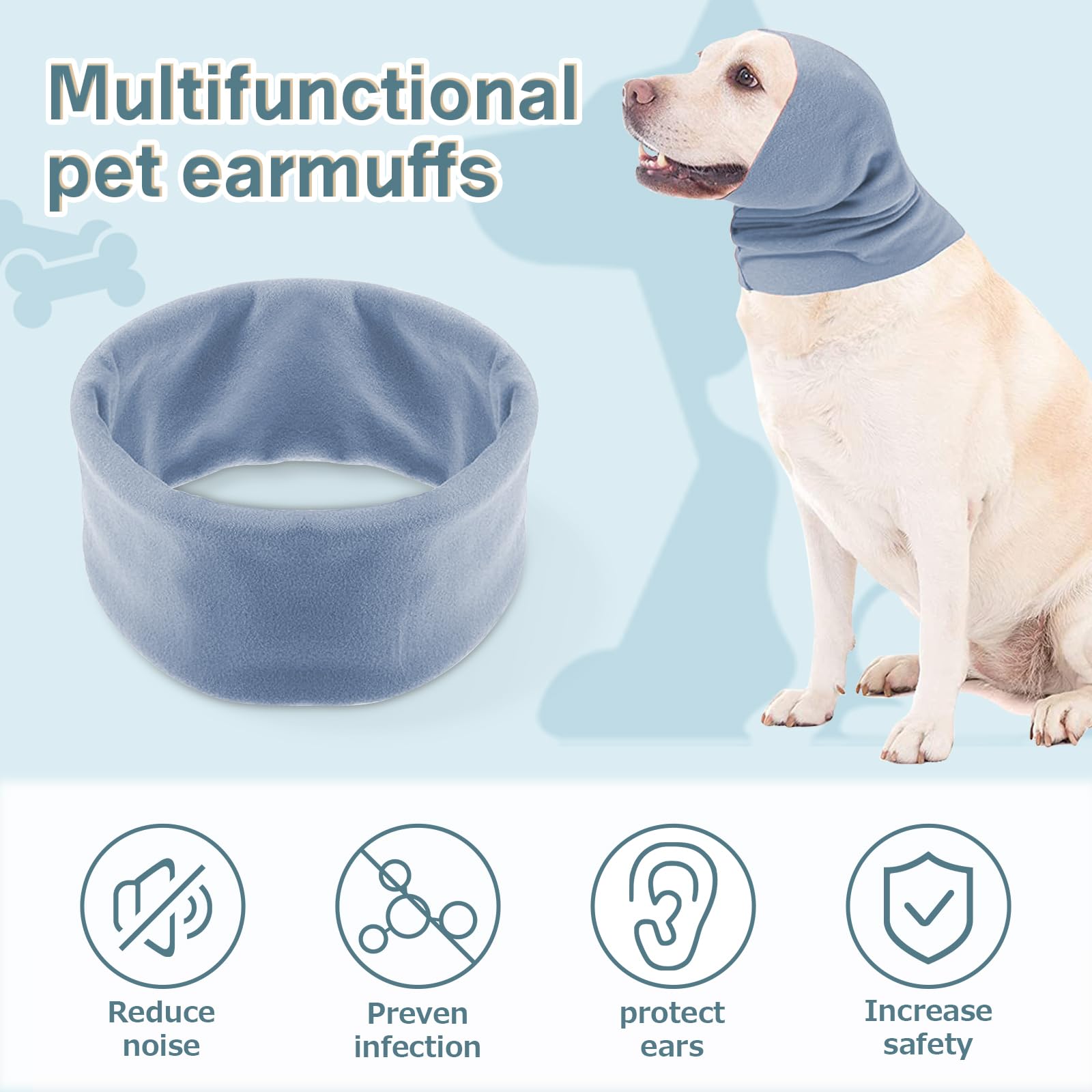 Furryilla Dog Ear Muffs with Noise Protection Breathable Calming Band for Dogs & Cats Head Wrap with Anxiety Relief (Blue, Small)