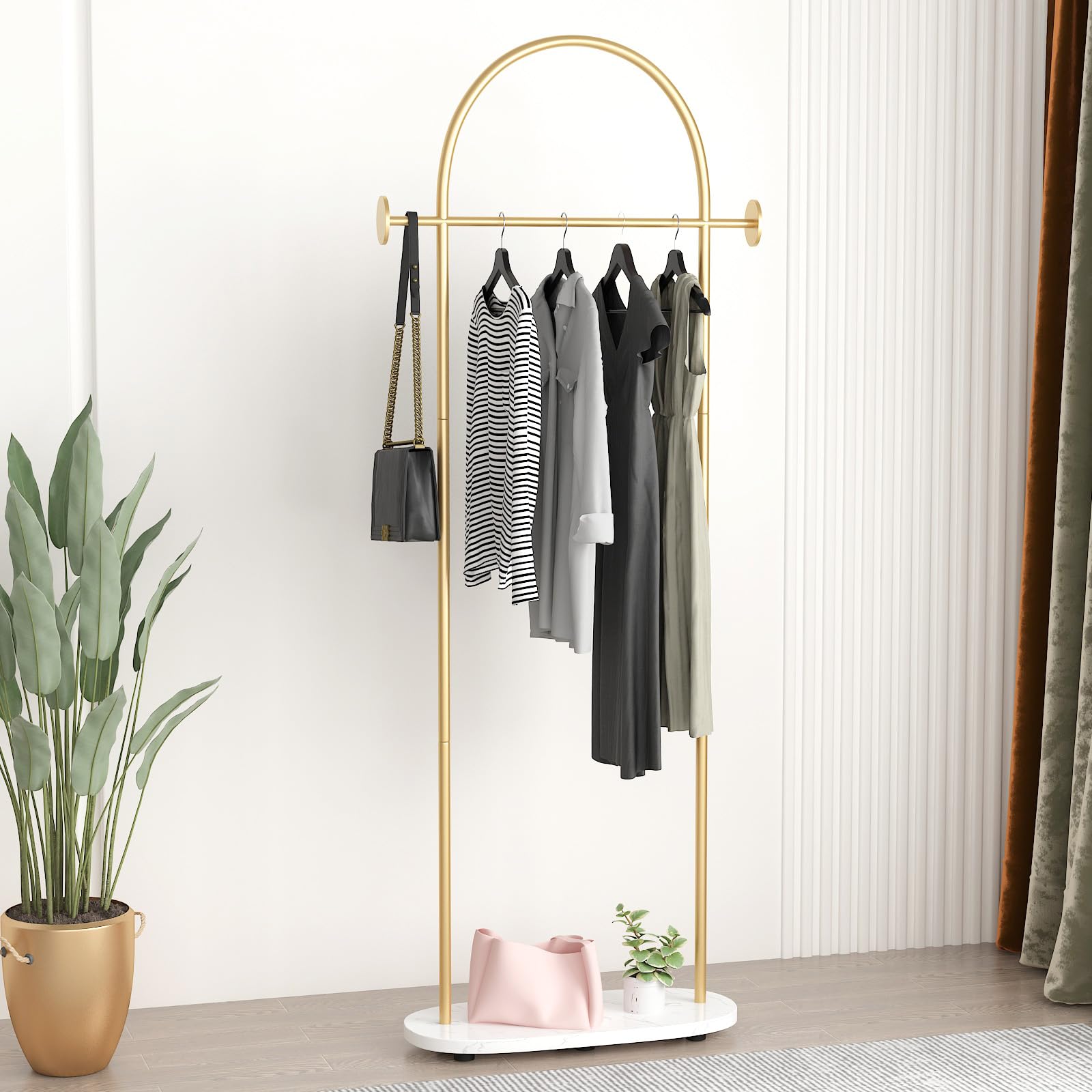 KADIGANG Gold Clothing Rack, Modern Clothes Rack with Shelf, Heavy Duty Freestanding Coat Rack, Metal Coat Hanger Stand with Hooks for Boutique Office