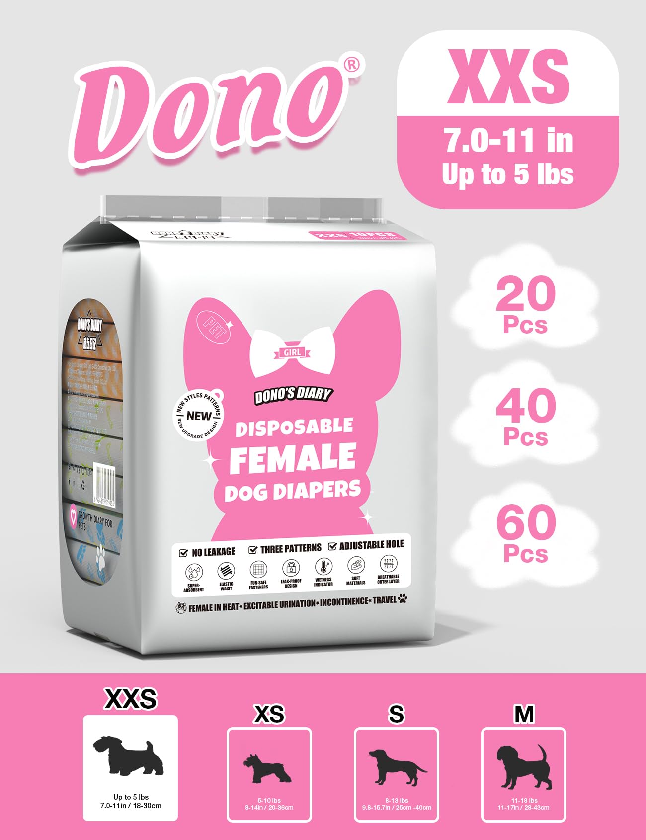 Dono Dog and Cat Diapers Female-60PCS, Disposable Female Dog Period Diapers for Heart with Wetness Indicator, Super Absorbent Doggie Puppy Diapers Female for XXS,Small Medium Large Dogs