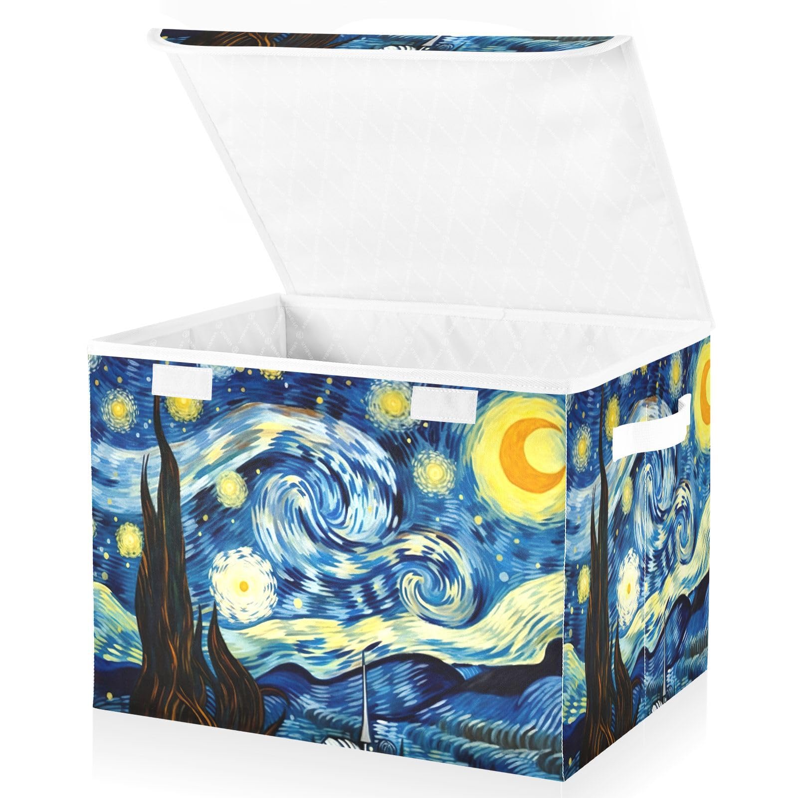 KJIZMO Starry Night Van Gogh Storage Bin with Lid and Handle, Collapsible Organizer Basket for Toys, Laundry, Closet, Bedroom - 16.5x12.6x11.8 In