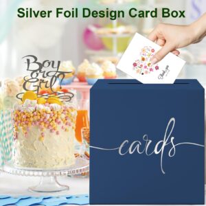 Navy Blue Card Box with Silver Foil Design Wedding Card Box Gift Cards Receiving Box for Party Graduation Bridal or Baby Showers, Raffle Ticket Box Money Box for Birthday Retirements Anniversaries