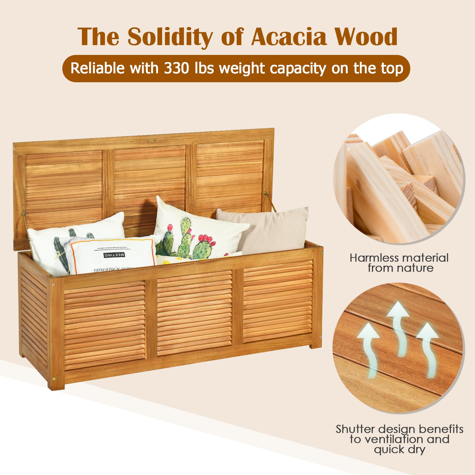 RELAX4LIFE Deck Box Acacia Wood - 47 Gallon Backyard Storage Bin Container for Patio Furniture Cushions, Pillows, Garden Tools, Pool Accessories, Wooden Porch Bench, Indoor Outdoor Storage Box