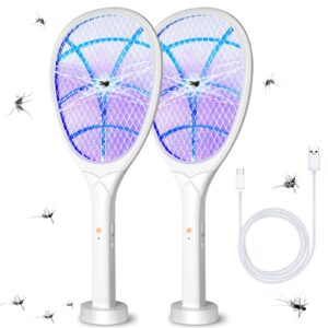 qualirey 2 pcs electric fly swatter racket 3000v 2 in 1 bug zapper racket usb rechargeable base, powerful mosquitoes trap lamp fly killer with 3 layer safety mesh for indoor outdoor home office patio