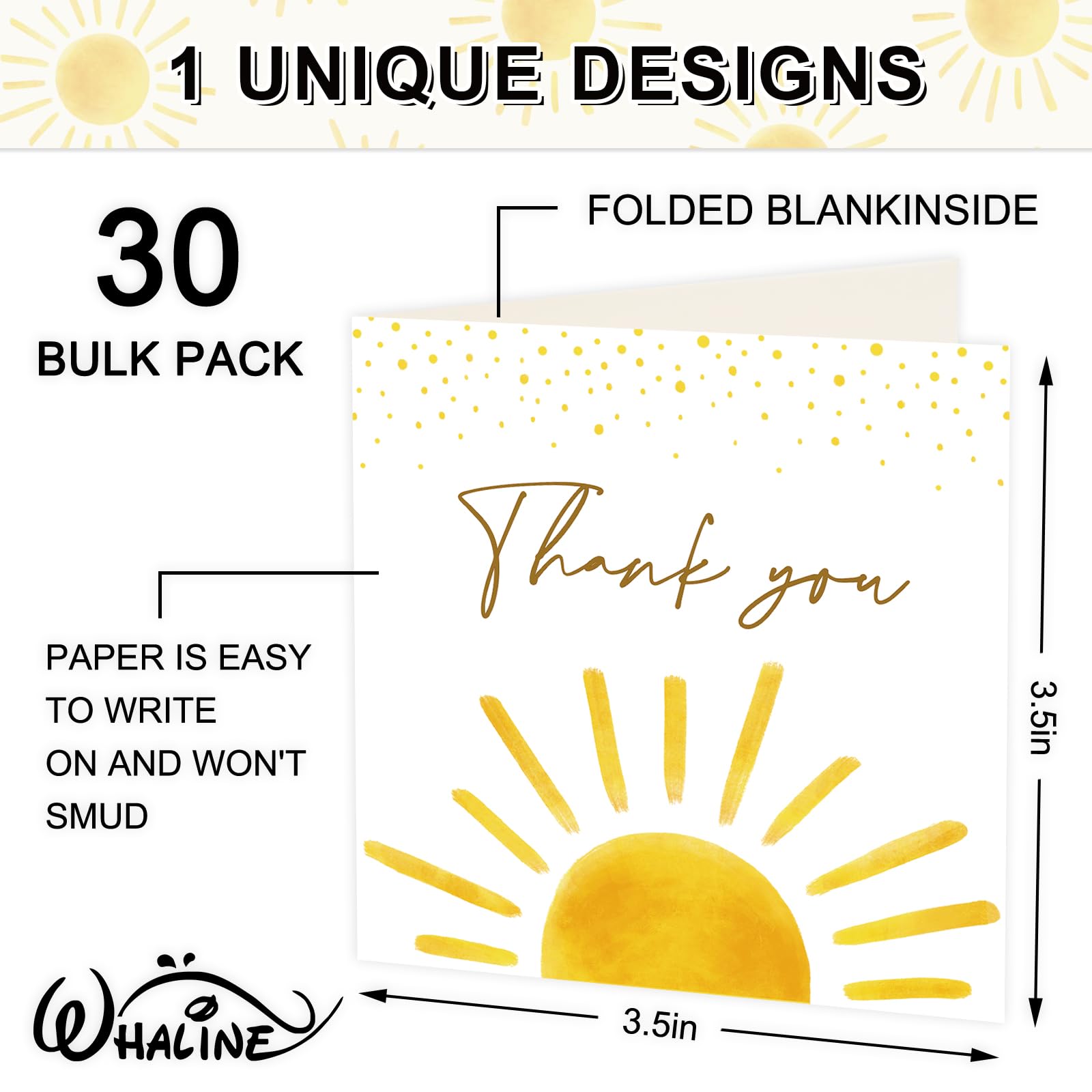 Whaline 30 Pack Mini Baby Shower Thank You Cards with Envelopes Stickers Boho Sun Greeting Cards Sunshine Blank Note Cards for Baby Shower Birthday Wedding Party Supplies, 3.5 x 3.5 Inch