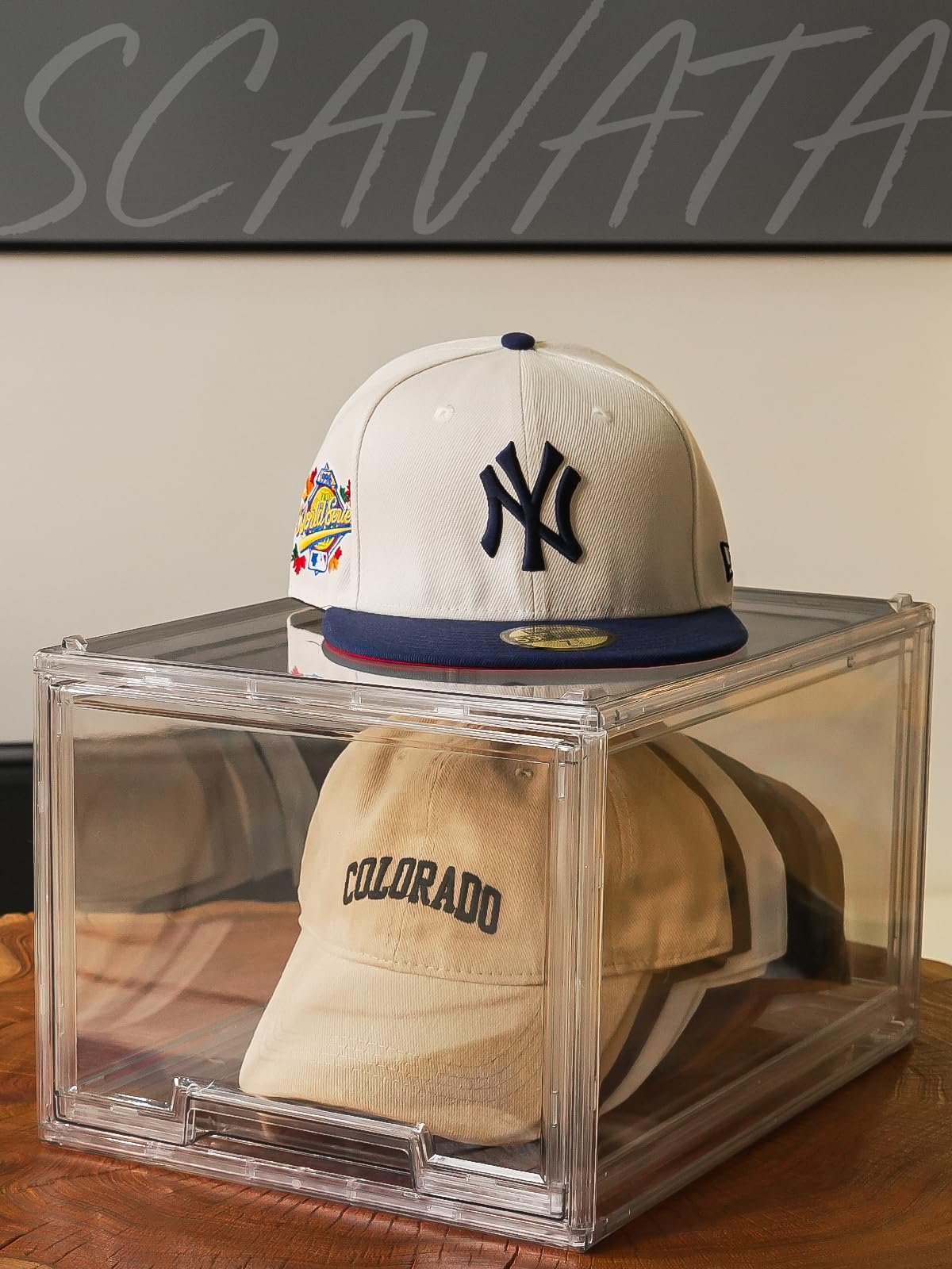 SCAVATA 2 Pack Hat Organizers, Stackable Clear Baseball Caps Holder Box Containers With Drawers for Hats Snapback Cap Storage, Hat Rack Display Case -Clear