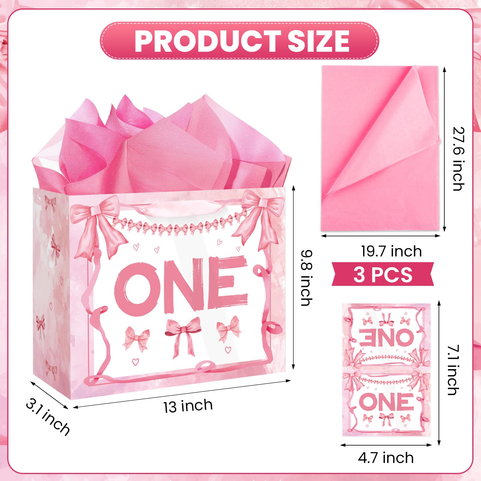 Pink Bow One Birthday Decoration for Girls Large Bow Pink One Baby Shower Bag Hot Pink Bow 1st Birthday Gift Bags with Wrapping Paper Card for Kids Gender Reveal Christmas Birthday Party Supplies